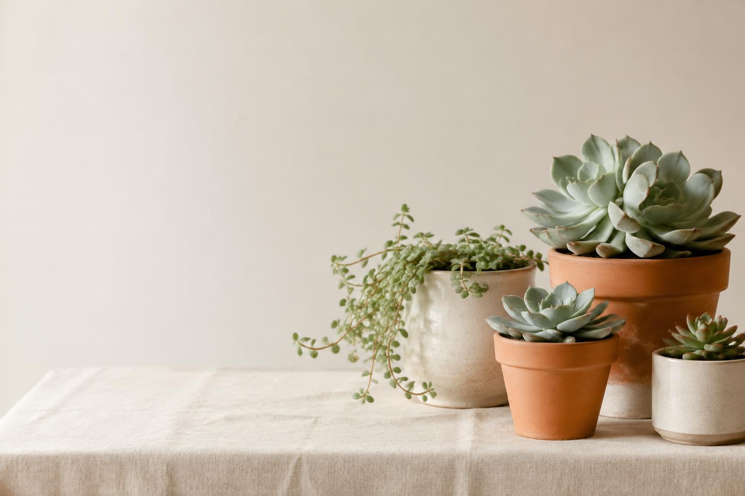 Composizione di piante grasse in vasi di terracotta e ceramica